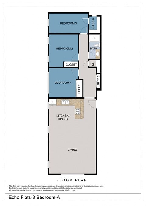 Floor plan for 3 beds, 2 baths, 1140 sqft